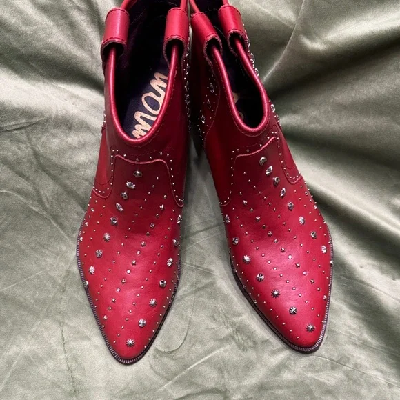Sam Edelman Red Studded Ankle Boots - Picture 1 of 9